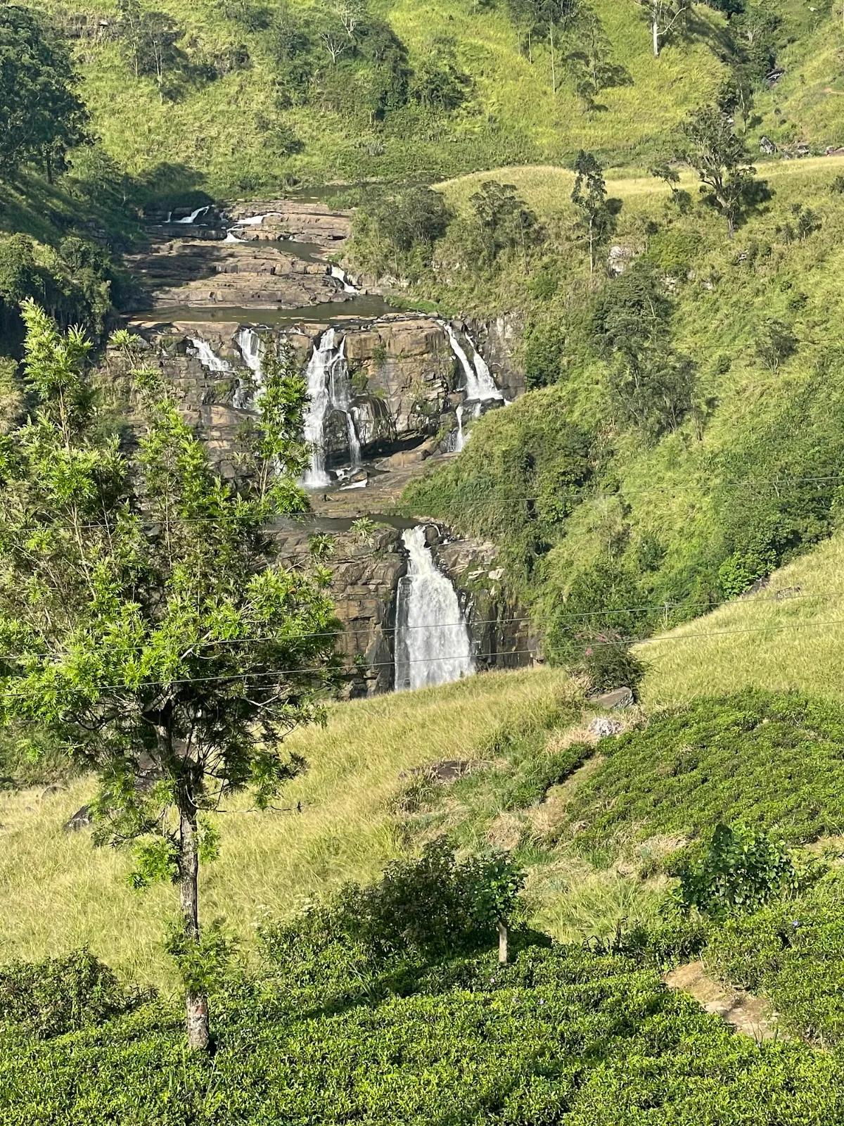 St. Clair's waterfall flowing down through tea estates in the Sri Lankan hill country
